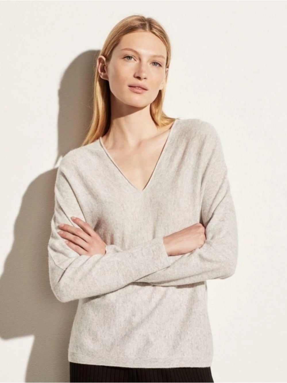 Vince Double V-Neck Cashmere & Linen Sweater in Gray